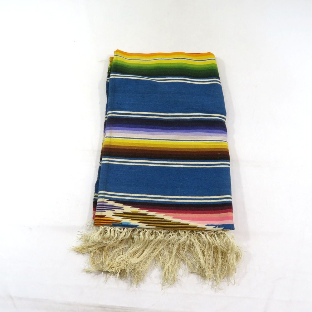 Serape Saltillo Mexican Blue Multi-Color Fringed Striped Blanket 84X49 Vintage